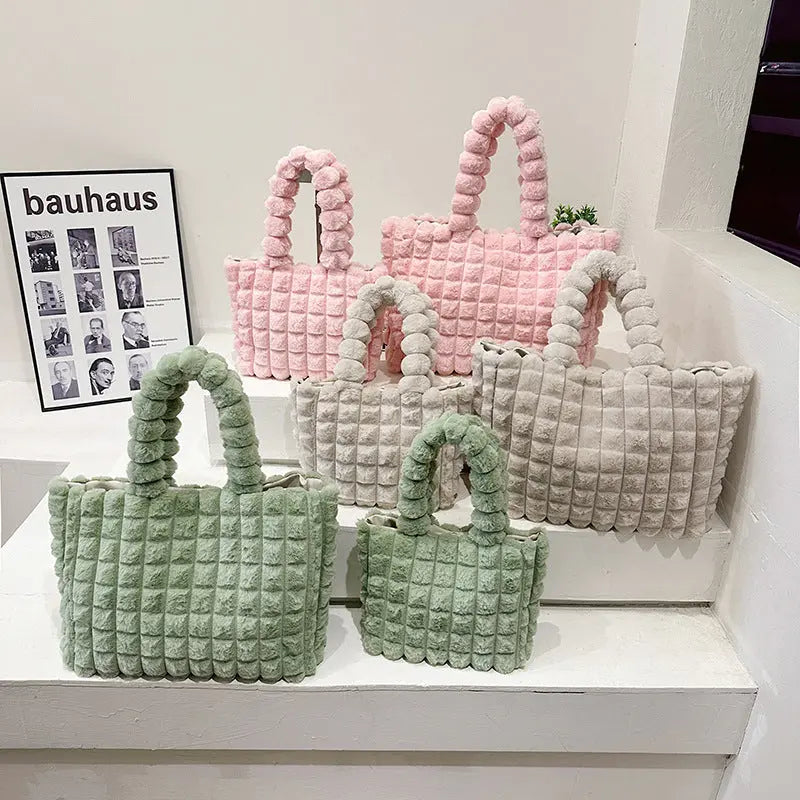 Plaid Handbags Winter Fashion High Capacity Shopping Plush Bag Korean Style Personalized Designer Luxury Tote Bags For Women - TechClub868