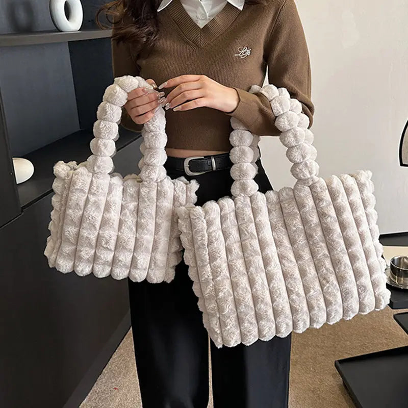 Plaid Handbags Winter Fashion High Capacity Shopping Plush Bag Korean Style Personalized Designer Luxury Tote Bags For Women - TechClub868