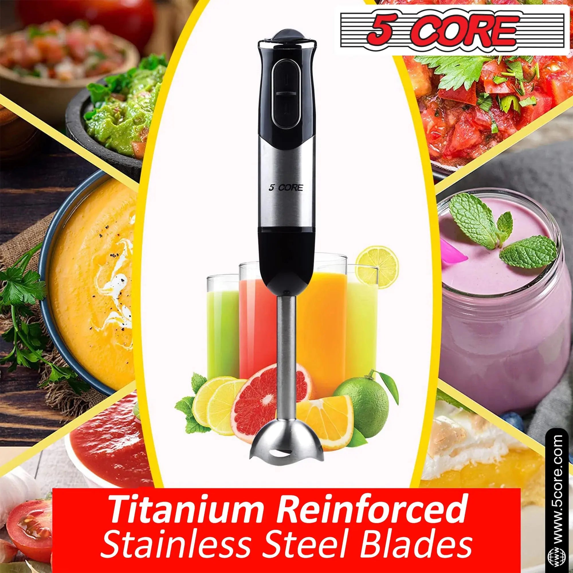 5 Core Powerful Immersion Blender| 500 Watt Multi-Purpose Hand Blender Heavy Duty Copper Motor Brushed Stainless Steel| for Soup, Smoothie, Puree, Baby Food, 304 Stainless Steel Blades- HB 1510