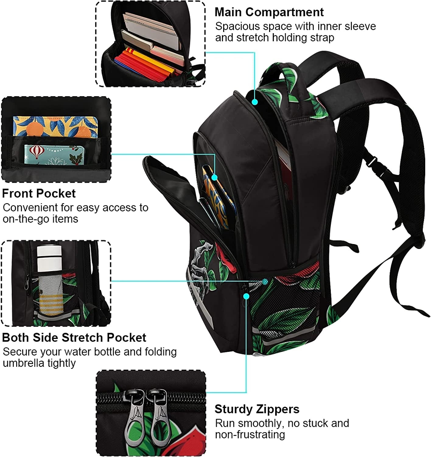 Rose Skull Backpacks Laptop School Book Bag Lightweight Daypack for Men Women Teens Kids