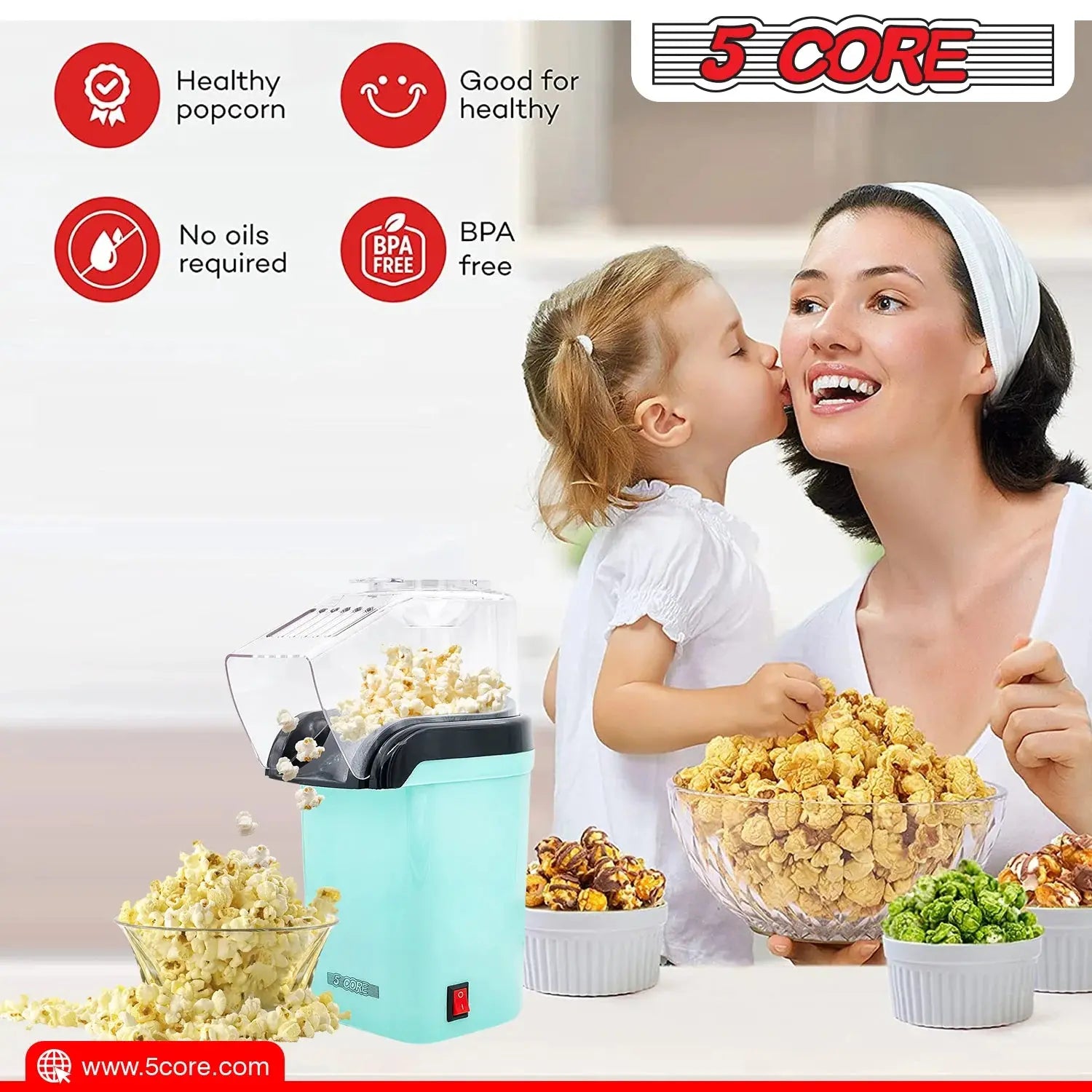 5 Core Popcorn Machine Hot Air Electric Popper Kernel Corn Maker Bpa Free No Oil POP G