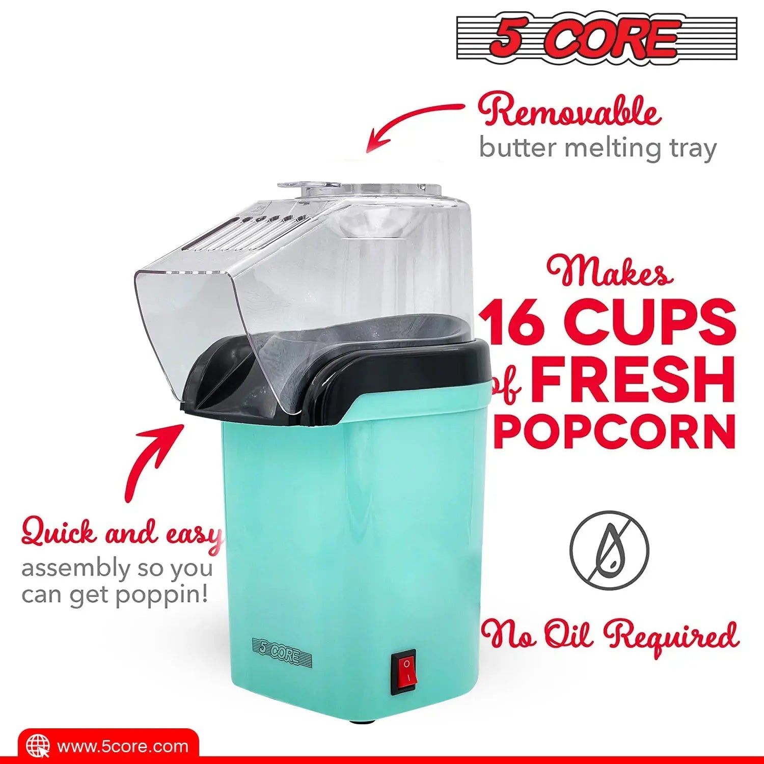 5 Core Popcorn Machine Hot Air Electric Popper Kernel Corn Maker Bpa Free No Oil POP G