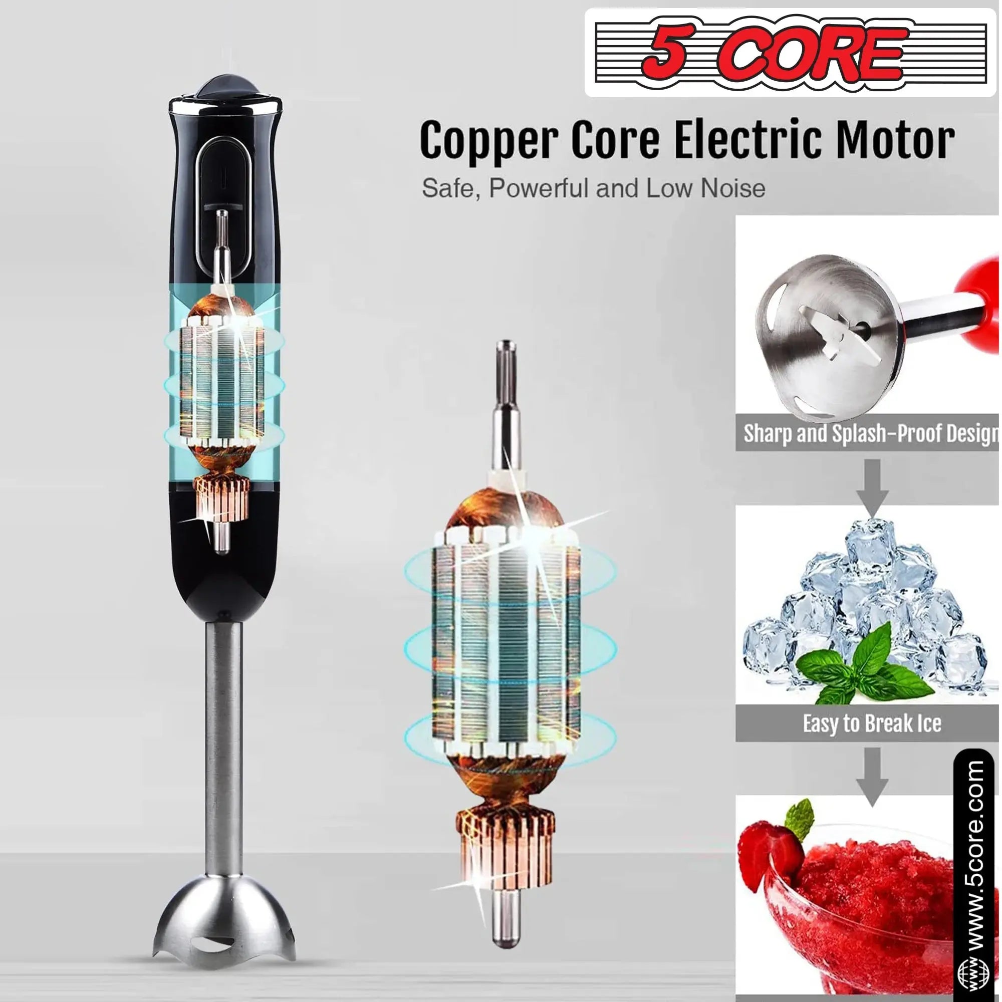 5 Core Powerful Immersion Blender| 500 Watt Multi-Purpose Hand Blender Heavy Duty Copper Motor Brushed Stainless Steel| for Soup, Smoothie, Puree, Baby Food, 304 Stainless Steel Blades- HB 1510