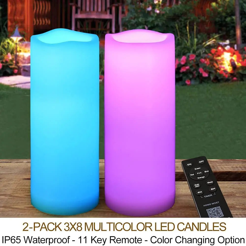 2-Pack Multicolor 3X8 LED Candles Outdoor - Unscented IP65 Waterproof Battery Powered Flameless LED Pillar Candles with Remote and Timer - Battery Operated Flameless Candles Color Changing