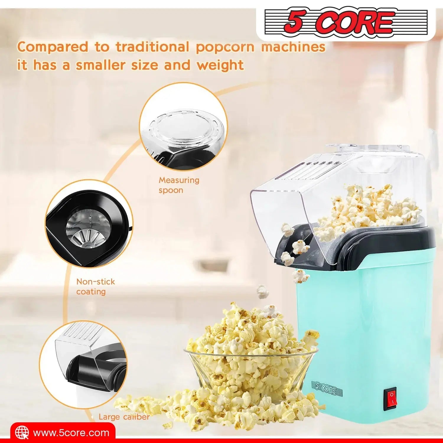 5 Core Popcorn Machine Hot Air Electric Popper Kernel Corn Maker Bpa Free No Oil POP G