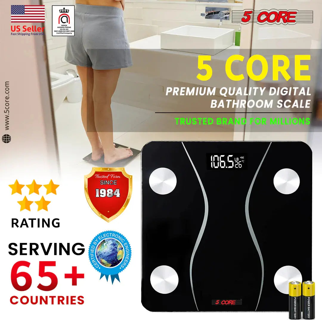 5 Core Digital Scale for Body Weight, Precision Bathroom Weighing Bath Scale, Step-On Technology, High Capacity - 400 Lbs. Large Display, Batteries Included BS 01 B BLK