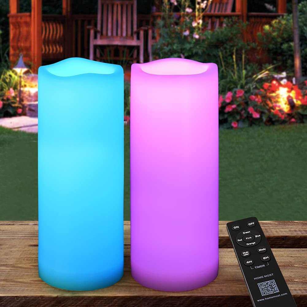 2-Pack Multicolor 3X8 LED Candles Outdoor - Unscented IP65 Waterproof Battery Powered Flameless LED Pillar Candles with Remote and Timer - Battery Operated Flameless Candles Color Changing