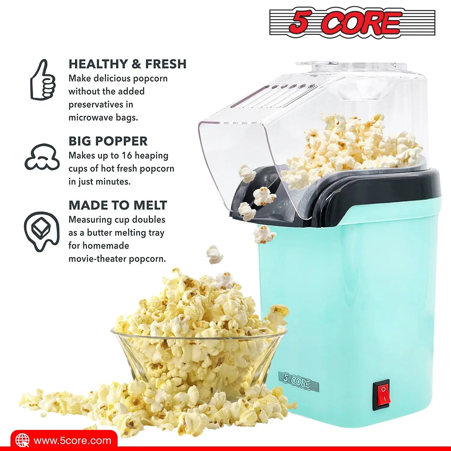 5 Core Popcorn Machine Hot Air Electric Popper Kernel Corn Maker Bpa Free No Oil POP G