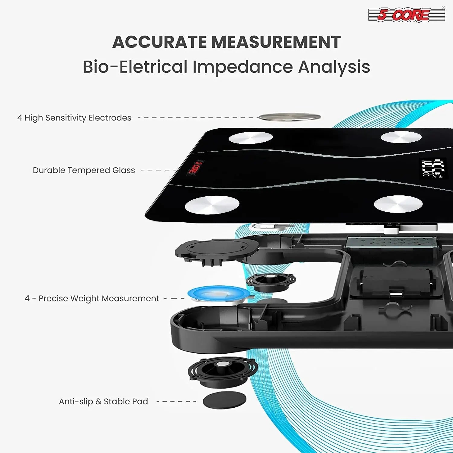 5 Core Digital Scale for Body Weight, Precision Bathroom Weighing Bath Scale, Step-On Technology, High Capacity - 400 Lbs. Large Display, Batteries Included BS 01 B BLK